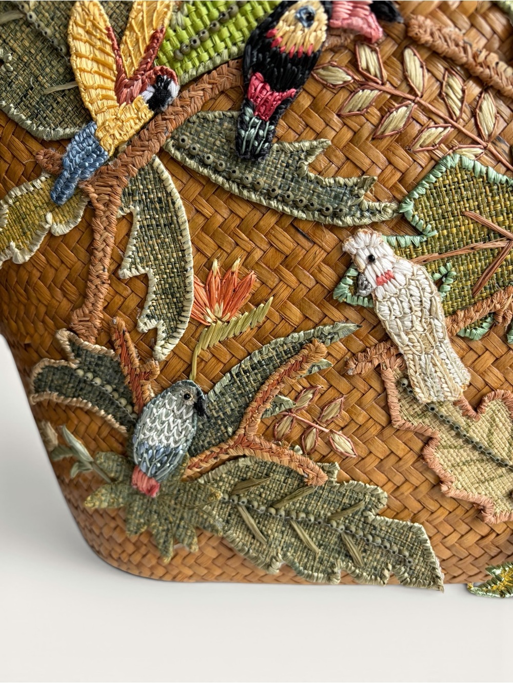 Vintage Cappelli Brown Straw Tote with Multicolor Parrot Embroidery - Picture 14 of 16